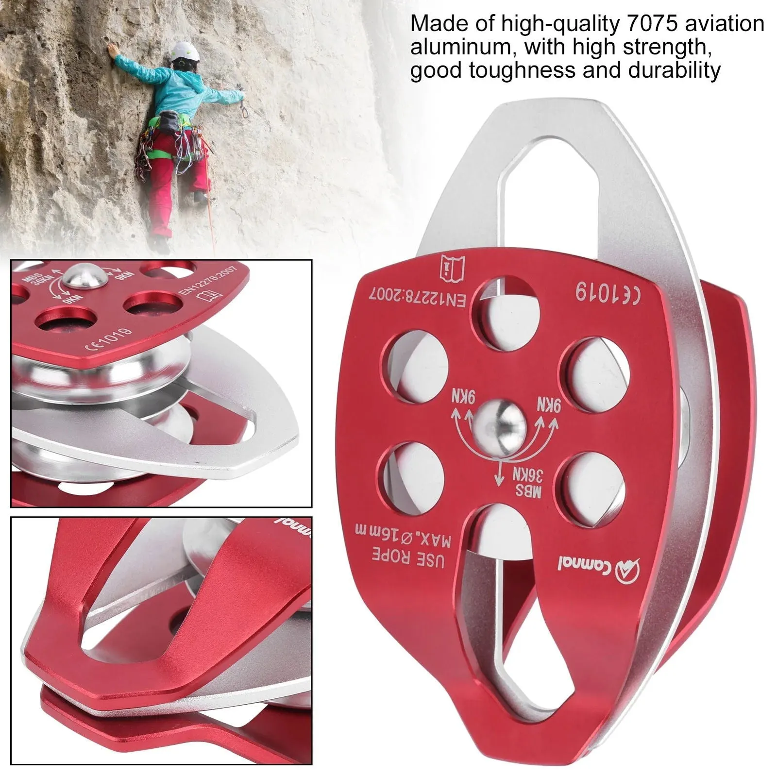 36KN Double Side Swing Pulley, Outdoor Survival Sideplate Double Sheave 7075 Aviation Aluminum Pulley Climbing Mountaineering