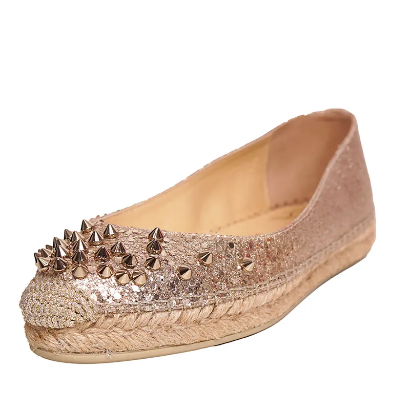 37 NEW $695 CHRISTIAN LOUBOUTIN ALIOCHETTE Gold GLITTER SPIKE ESPADRILLES FLATS