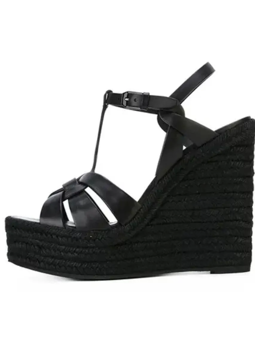 Black wedge high heels sandals