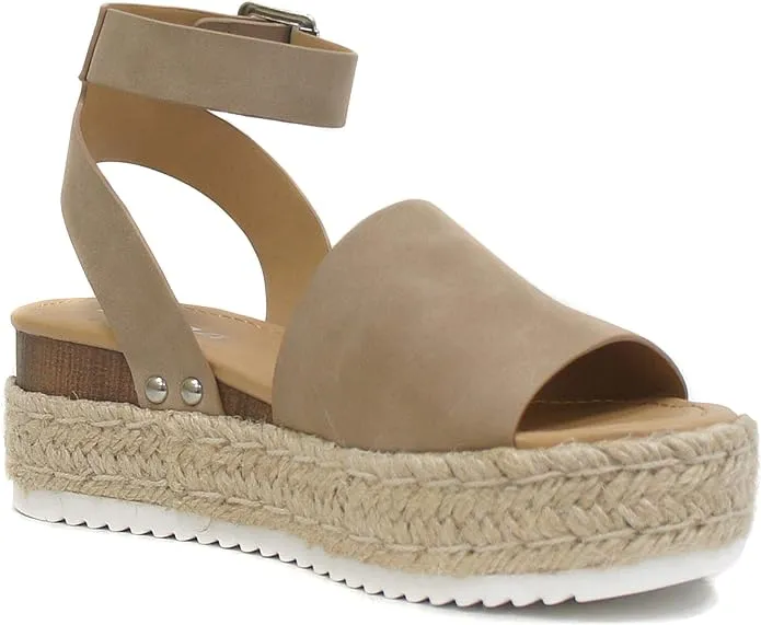 Soda Topic Dark Natural Espadrilles Ankle Strap Studded Open Toe Wedge Sandals