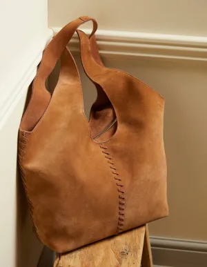 Suede Stitch Detail Hobo Bag-Tan